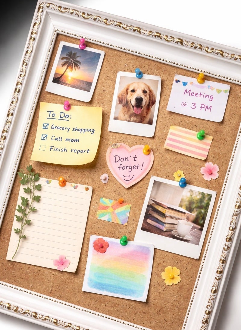 Lumina A4 PVC Photo Frame White & Gold Decorative Cork Board Memo Frame – Photo Display Notice Board, Pin Board for Notes & Pictures, Wall Mounted Frame - Image 3